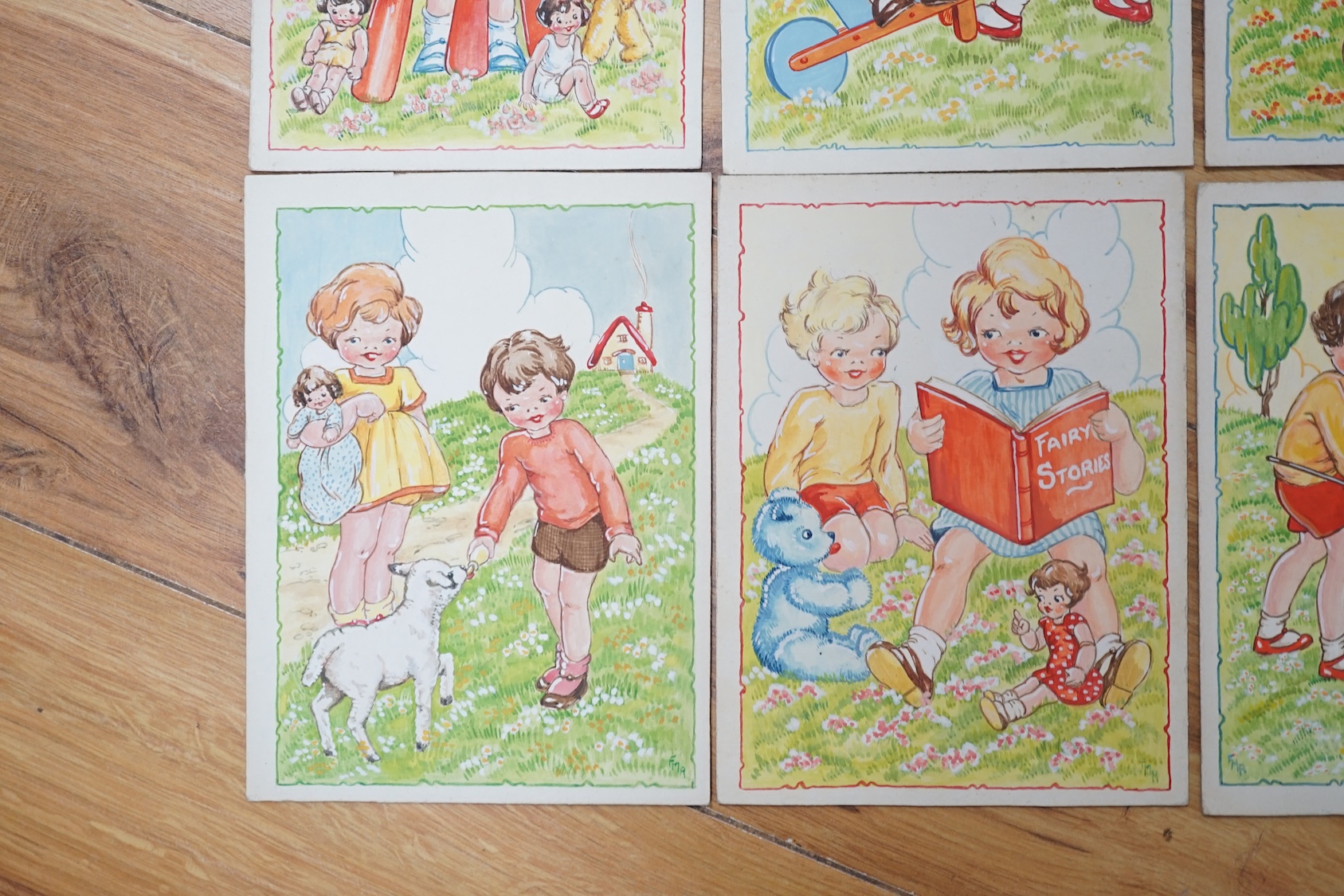 Freda Rose (20th. C), set of six original watercolours for children's postcard designs, Humorous children, each signed with initials, four with 21st May 1946 date stamps verso, 18.5 x 14cm, unframed. Condition - fair to